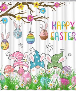 Easter Gnome Shower Curtain - Cute and Festive Easter Bathroom Decor - Waterproof Fabric Curtain