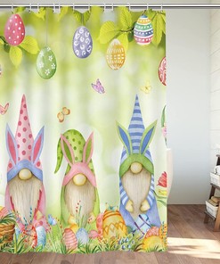 Easter Gnomes Shower Curtain With Colorful Eggs And Green Leaf Floral Print