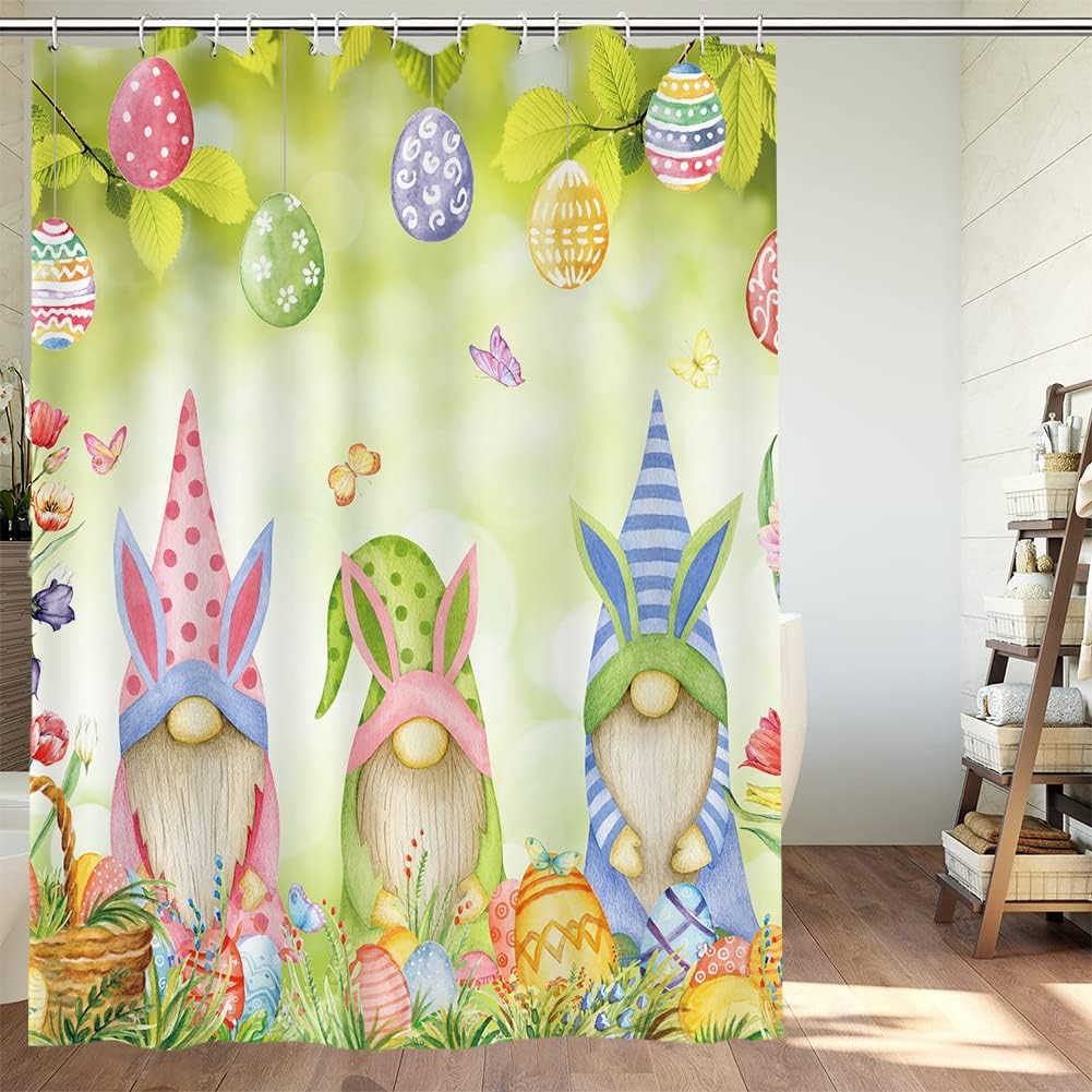 Easter Gnomes Shower Curtain With Colorful Eggs And Green Leaf Floral Print