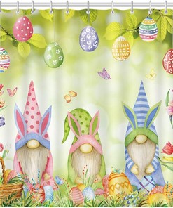Easter Gnomes Shower Curtain With Colorful Eggs And Green Leaf Floral Print