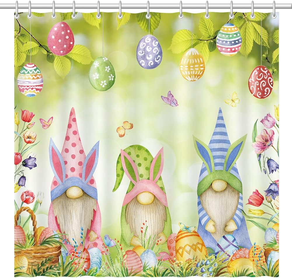 Easter Gnomes Shower Curtain With Colorful Eggs And Green Leaf Floral Print