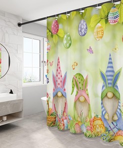 Easter Gnomes Shower Curtain With Colorful Eggs And Green Leaf Floral Print