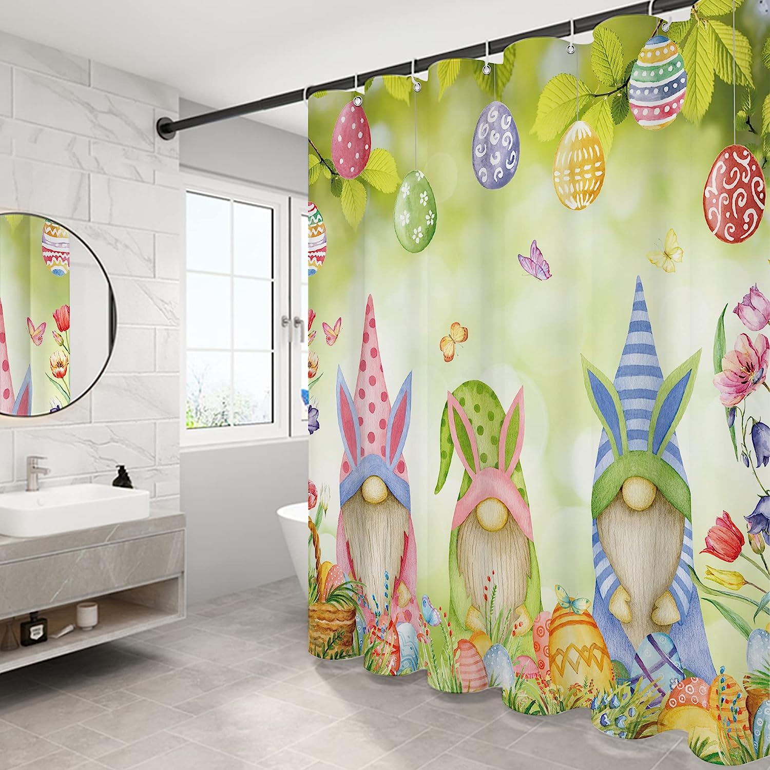 Easter Gnomes Shower Curtain With Colorful Eggs And Green Leaf Floral Print