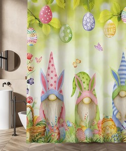 Easter Gnomes Shower Curtain With Colorful Eggs And Green Leaf Floral Print