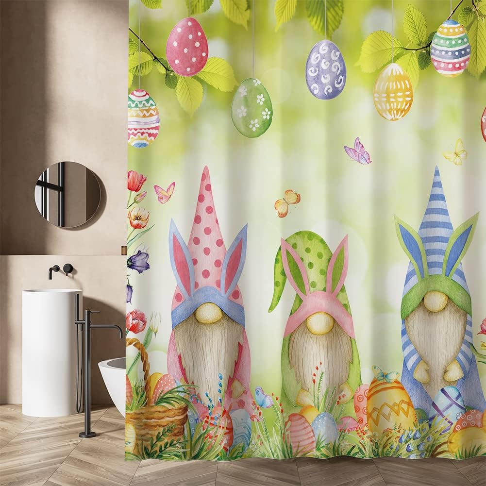 Easter Gnomes Shower Curtain With Colorful Eggs And Green Leaf Floral Print