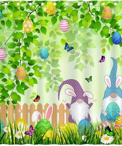 Easter Gnomes Shower Curtain with Spring Green Leaves and Eggs for a Whimsical Look