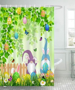 Easter Gnomes Shower Curtain with Spring Green Leaves and Eggs for a Whimsical Look