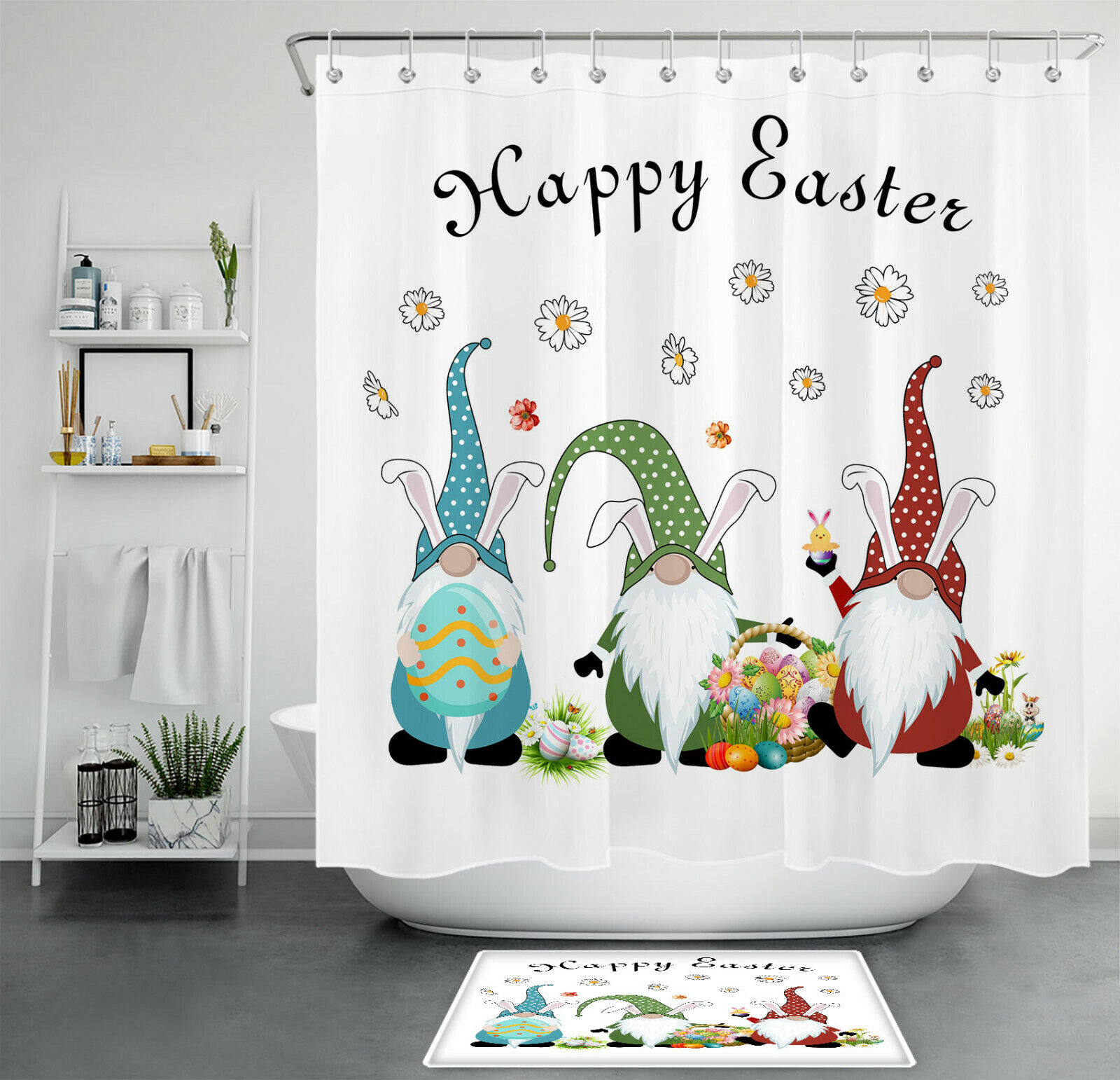 Easter Gnomes With Bunny Eggs And Daisy Flower Shower Curtain For Bathroom