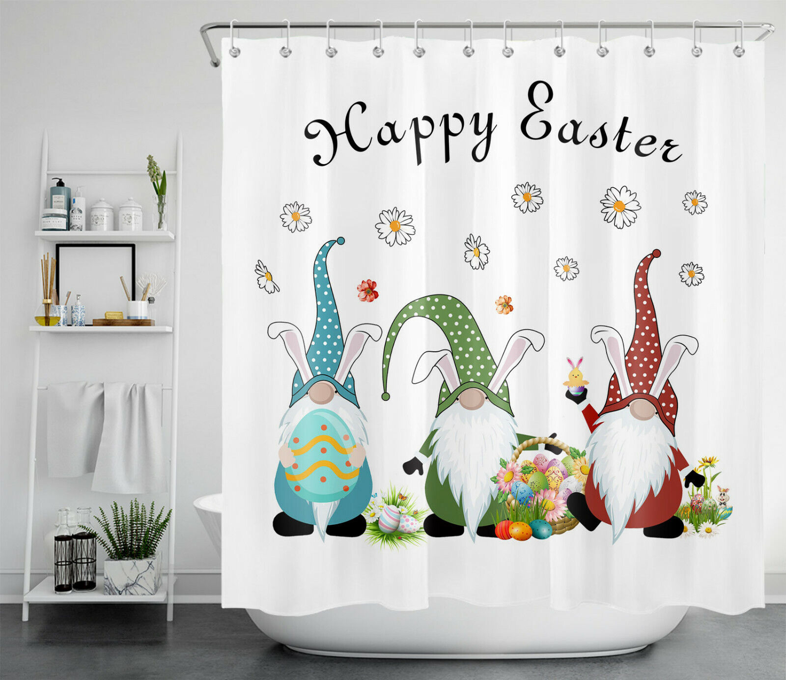 Easter Gnomes With Bunny Eggs And Daisy Flower Shower Curtain For Bathroom