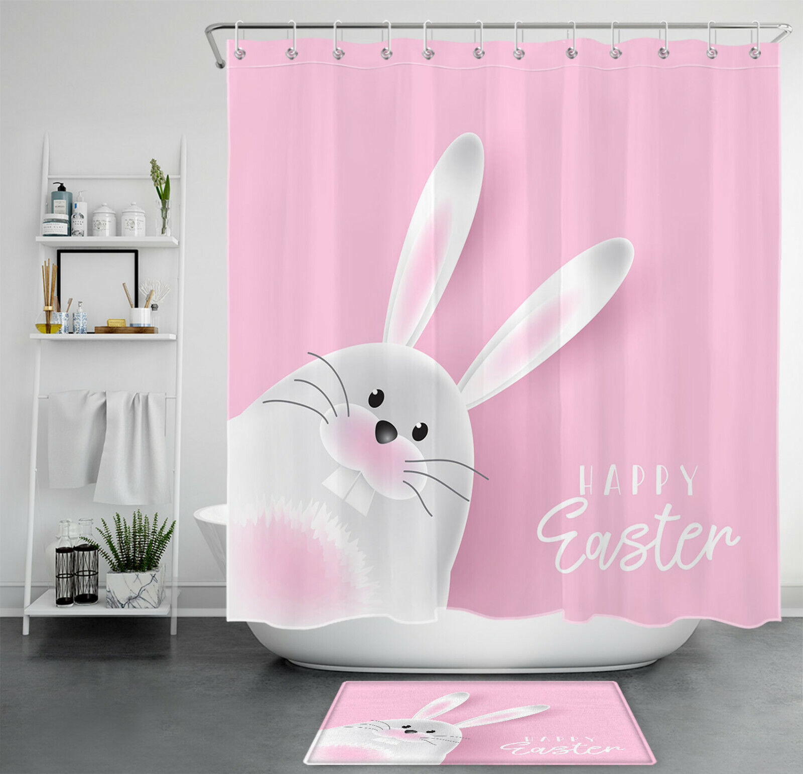 Easter Pink Bunny Shower Curtain - Cute Bunny Bathroom Decor