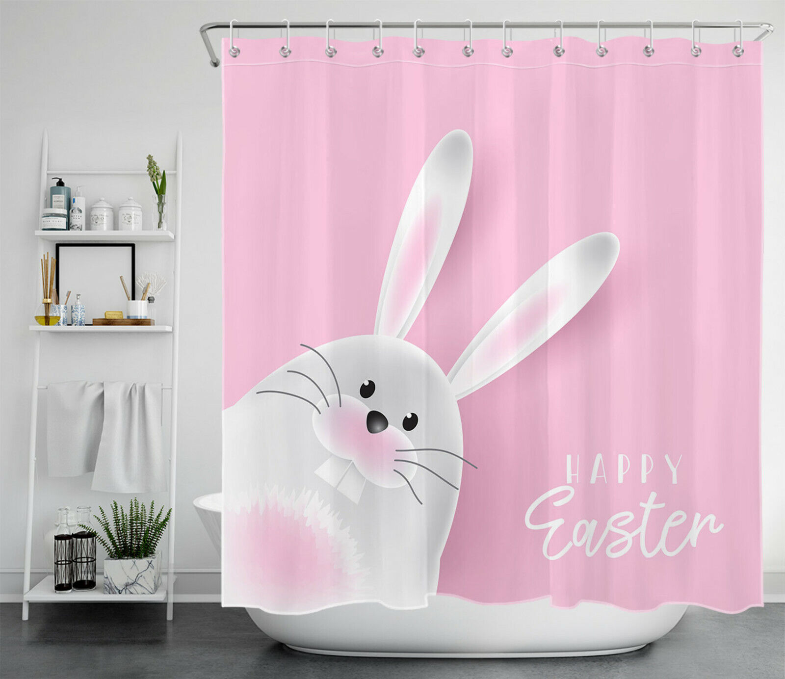 Easter Pink Bunny Shower Curtain - Cute Bunny Bathroom Decor - Image 2
