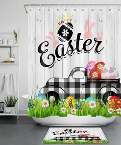 Easter Plaid Truck with Eggs Shower Curtain for Farmhouse Bathroom 