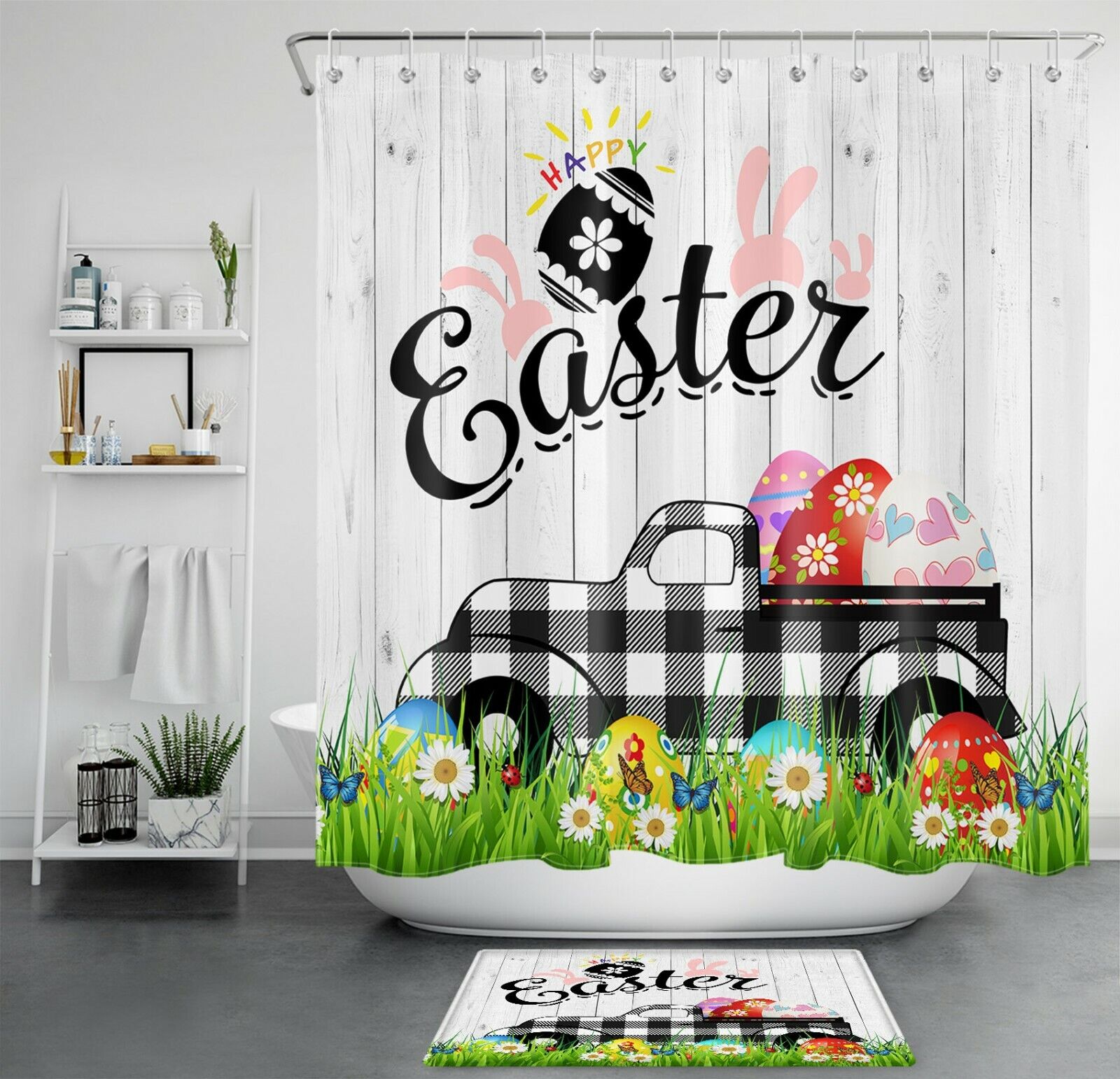 Easter Plaid Truck with Eggs Shower Curtain for Farmhouse Bathroom