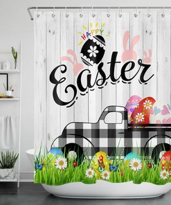 Easter Plaid Truck with Eggs Shower Curtain for Farmhouse Bathroom