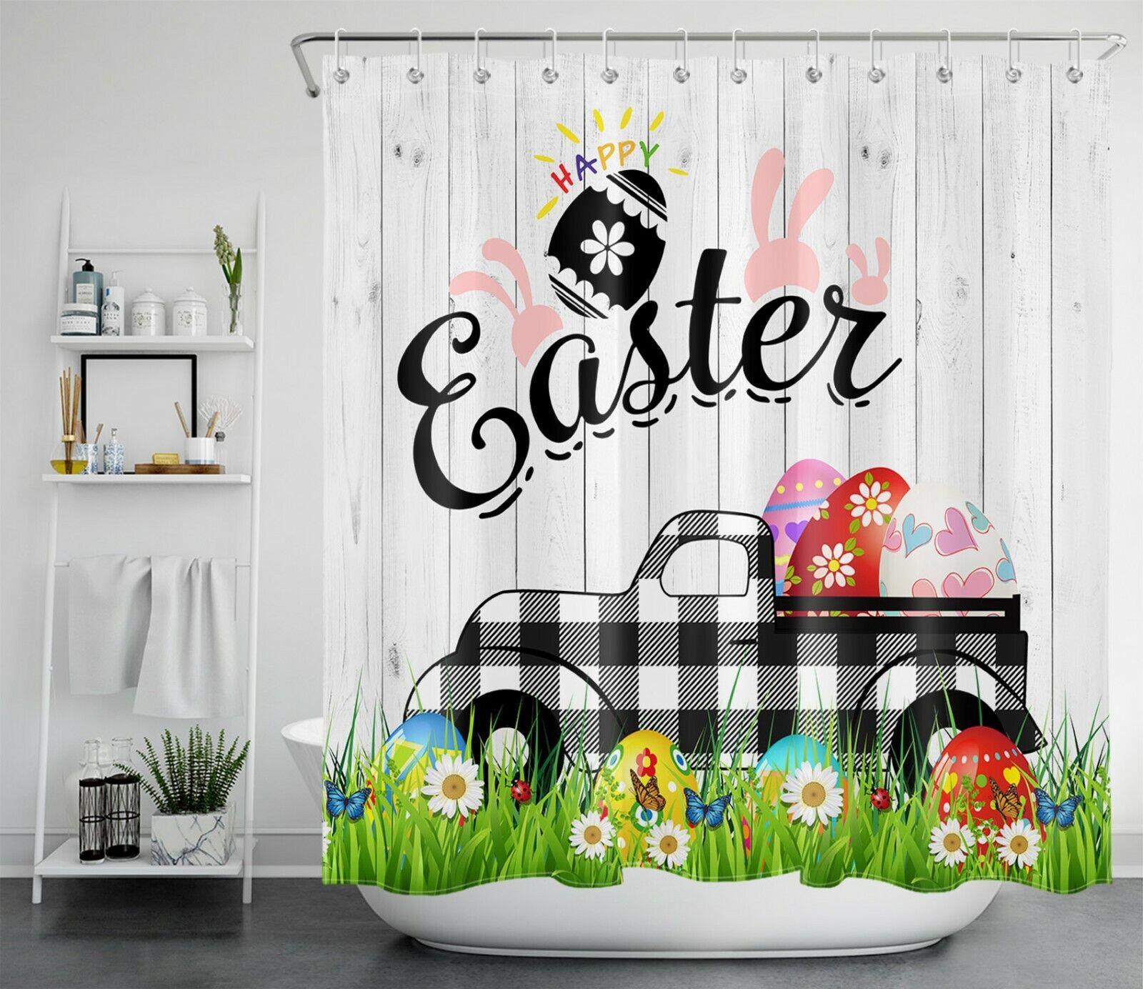 Easter Plaid Truck with Eggs Shower Curtain for Farmhouse Bathroom
