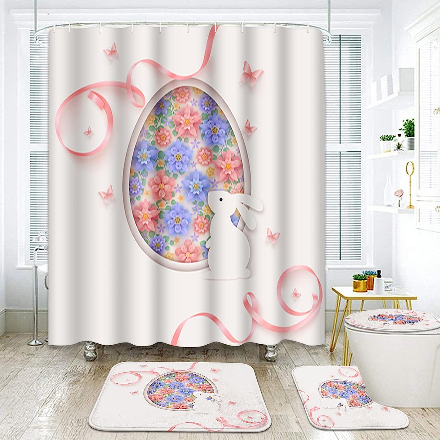 Easter Rabbit And Easter Eggs With Flowers Pink Shower Curtain And Elegant Shower Curtain Designs