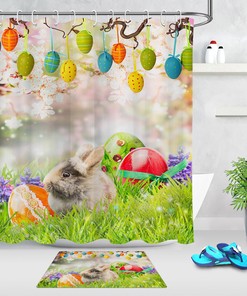 Easter Rabbit And Flowers Bokeh Background Shower Curtain For Bathroom Decor