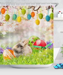 Easter Rabbit And Flowers Bokeh Background Shower Curtain For Bathroom Decor