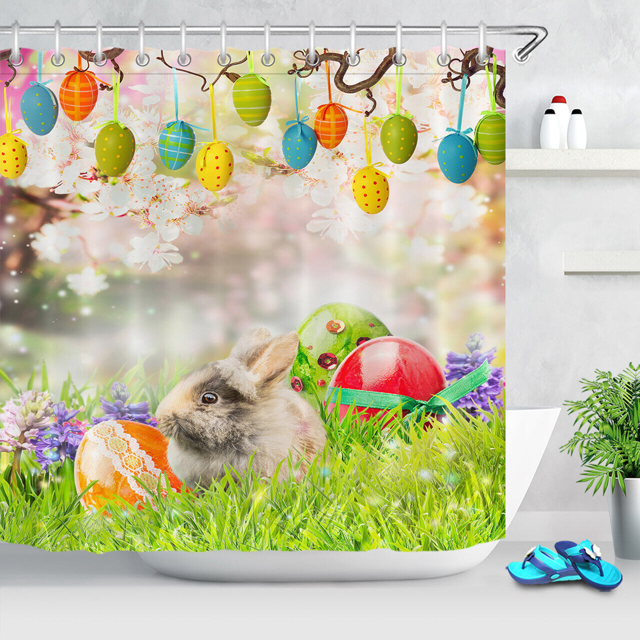 Easter Rabbit And Flowers Bokeh Background Shower Curtain For Bathroom Decor