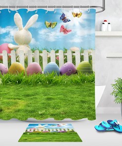 Easter Rabbit And Wood Fence With Flower And Eggs Shower Curtain For Bathroom Decor