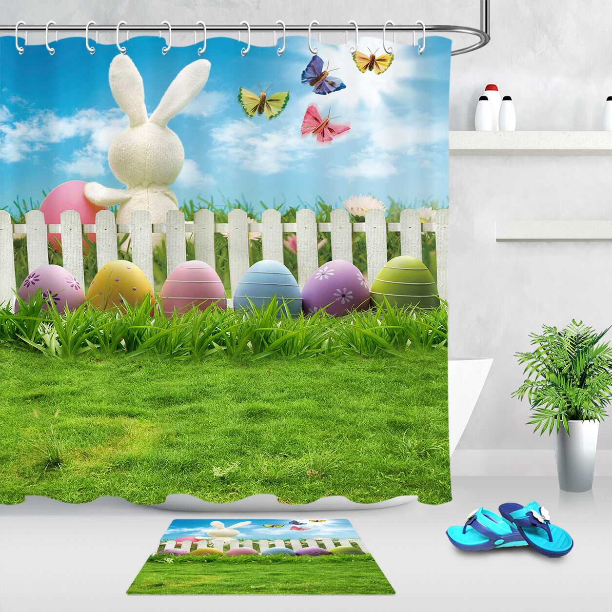Easter Rabbit And Wood Fence With Flower And Eggs Shower Curtain For Bathroom Decor