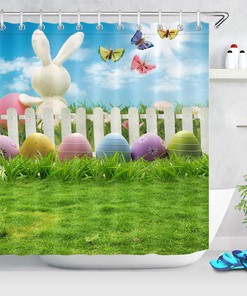 Easter Rabbit And Wood Fence With Flower And Eggs Shower Curtain For Bathroom Decor