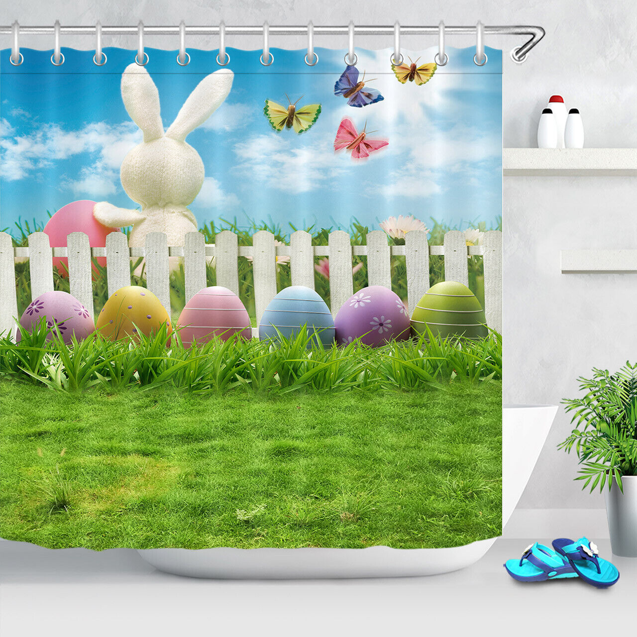 Easter Rabbit And Wood Fence With Flower And Eggs Shower Curtain For Bathroom Decor