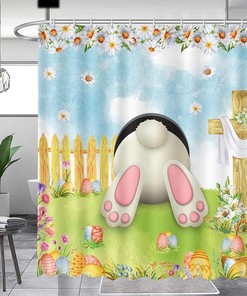 Easter Rabbit Easter Egg Cross Shower Curtain, Spring Floral Scene For Bathroom Decor With Full Size Curtain