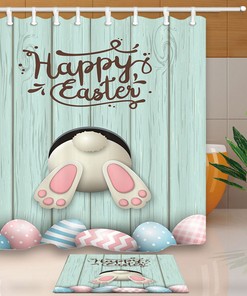 Easter Rabbit Eggs And Wood Board Fabric Shower Curtain With Hooks For Bathroom Decor