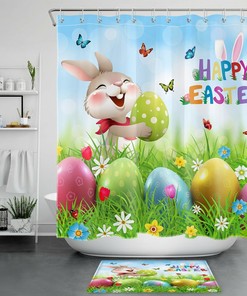 Easter Rabbit Flowers And Grass Shower Curtain For Bathroom Accessories