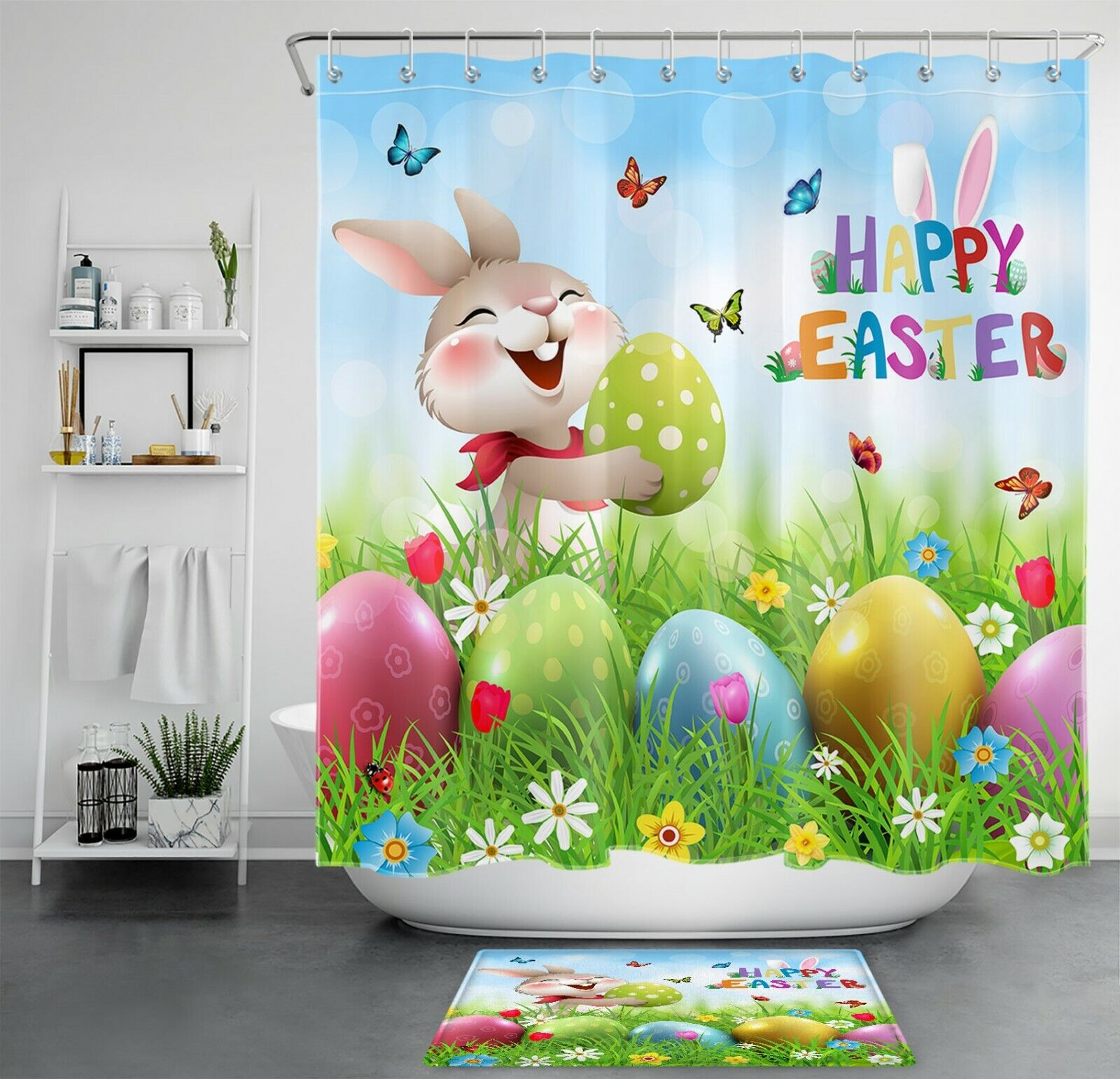 Easter Rabbit Flowers And Grass Shower Curtain For Bathroom Accessories