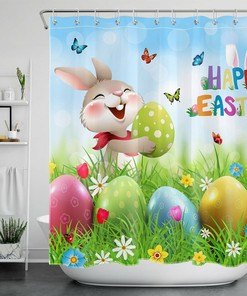 Easter Rabbit Flowers And Grass Shower Curtain For Bathroom Accessories