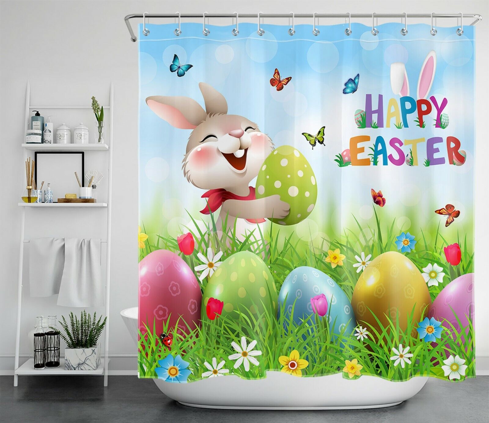 Easter Rabbit Flowers And Grass Shower Curtain For Bathroom Accessories