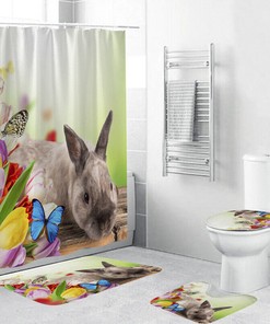 Easter Rabbit Tulip Flower And Wood Fence Waterproof Shower Curtain Set For Bathroom Decor
