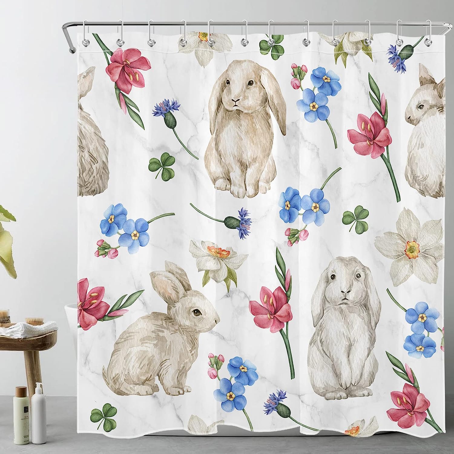 Easter Rabbit Watercolor Floral Shower Curtain for Cute Spring Bathroom Decor
