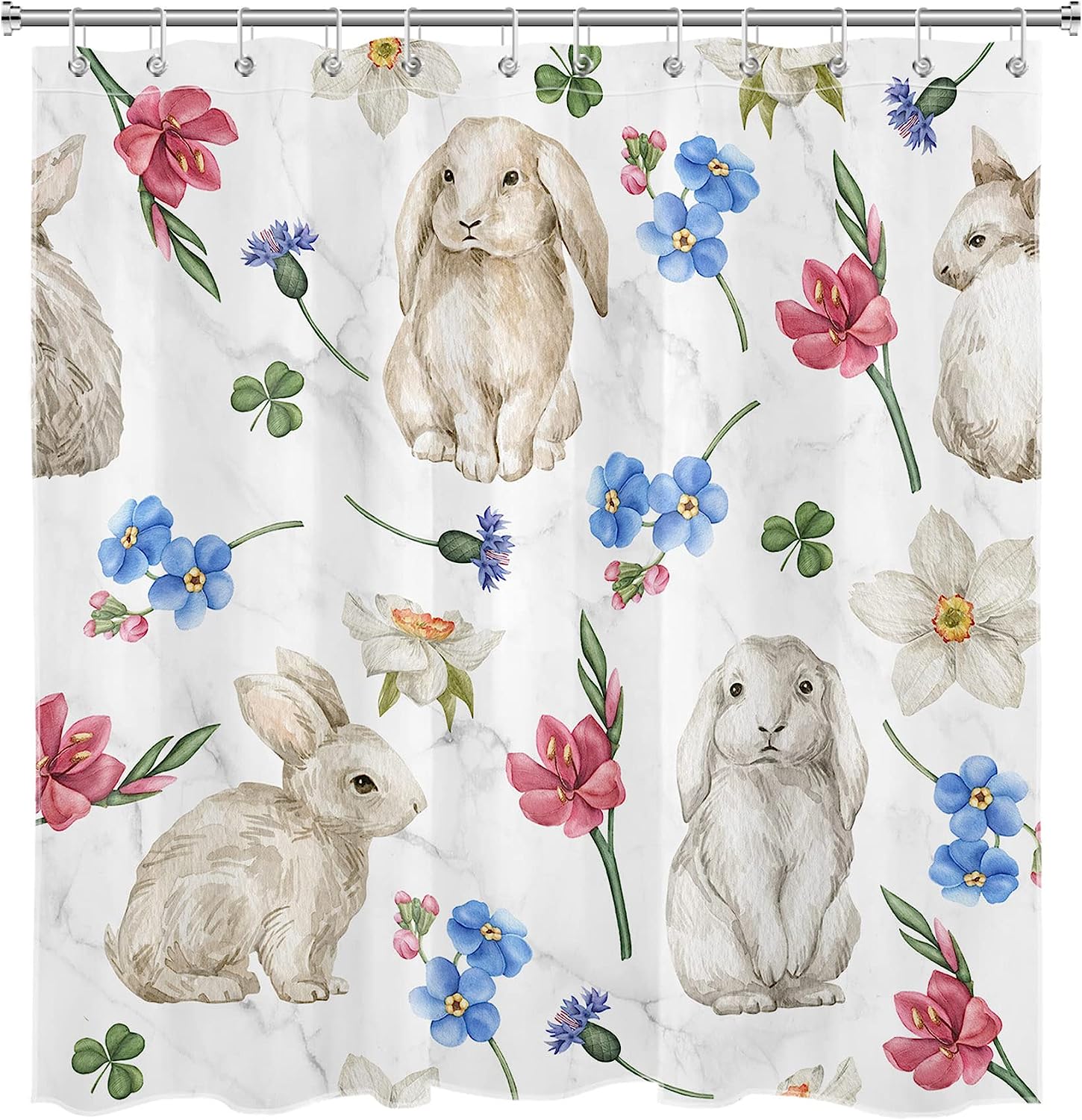 Easter Rabbit Watercolor Floral Shower Curtain for Cute Spring Bathroom Decor