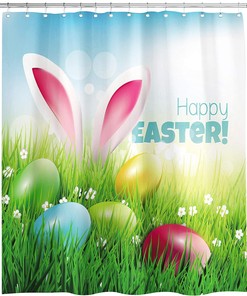 Easter Rabbit and Eggs Print Shower Curtain with Vibrant Colors and Green Grass Waterproof Panels