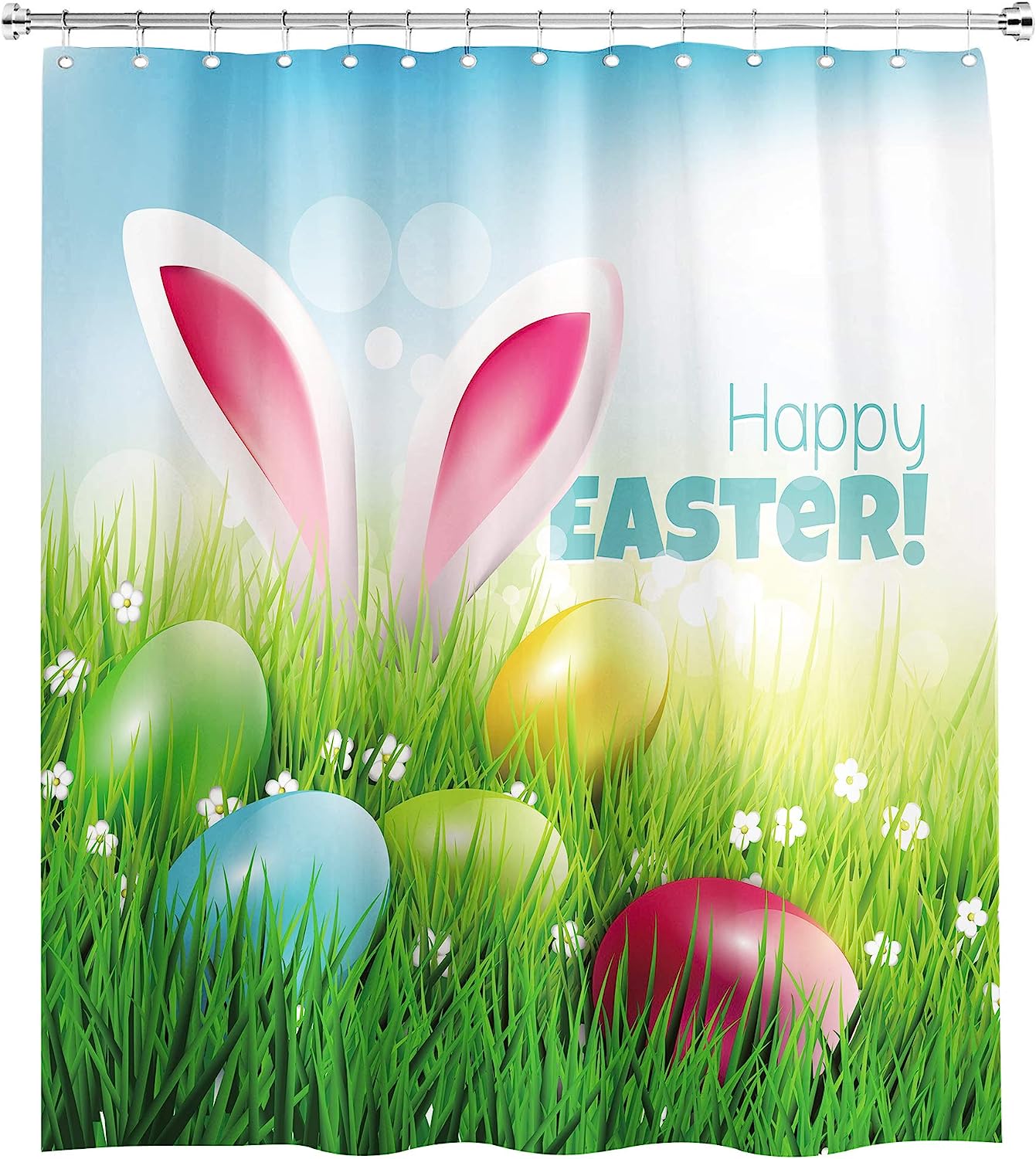 Easter Rabbit and Eggs Print Shower Curtain with Vibrant Colors and Green Grass Waterproof Panels