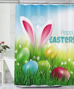Easter Rabbit and Eggs Print Shower Curtain with Vibrant Colors and Green Grass Waterproof Panels
