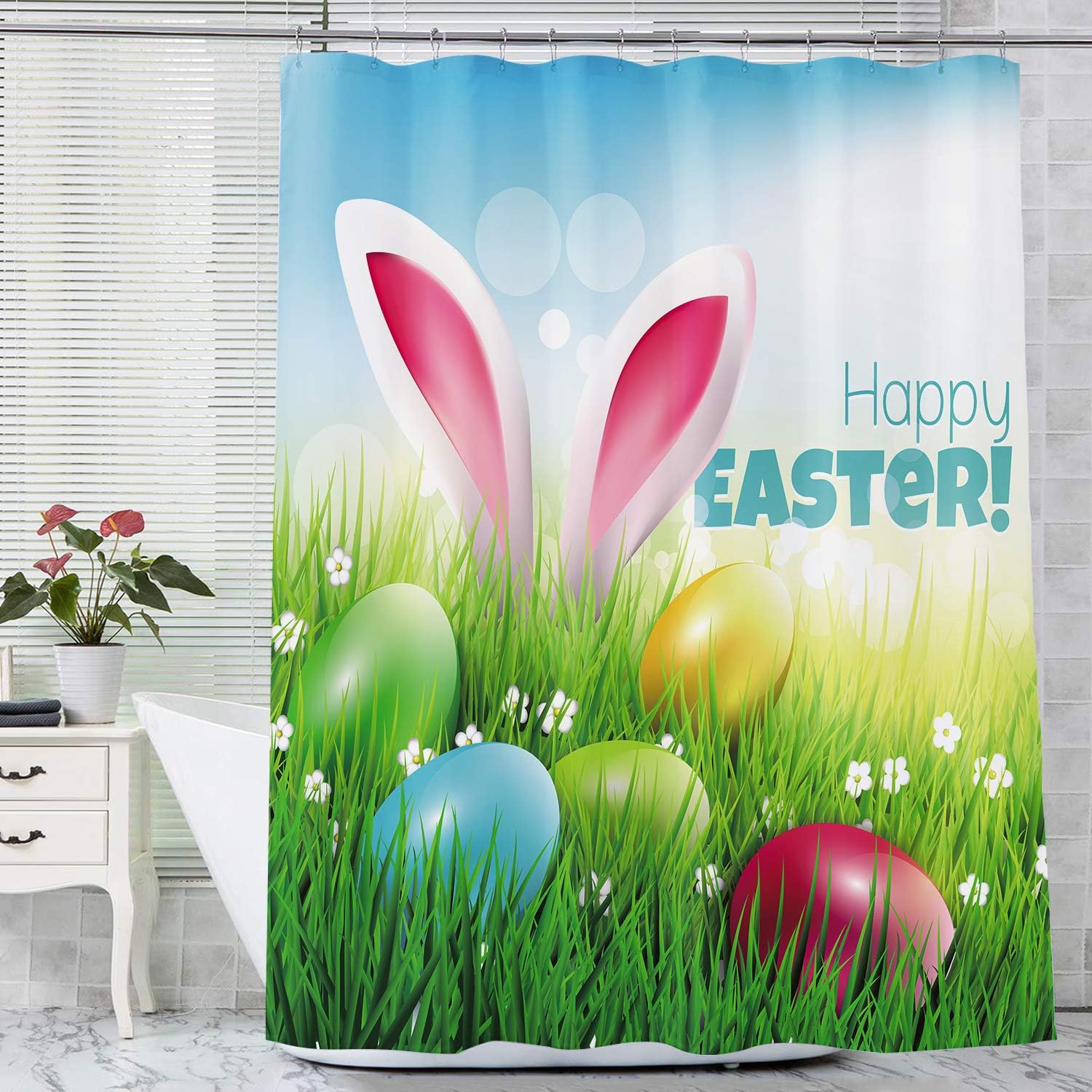 Easter Rabbit and Eggs Print Shower Curtain with Vibrant Colors and Green Grass Waterproof Panels