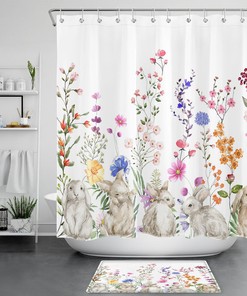 Easter Rabbit on White Flowers Shower Curtain for Spring Bathroom 