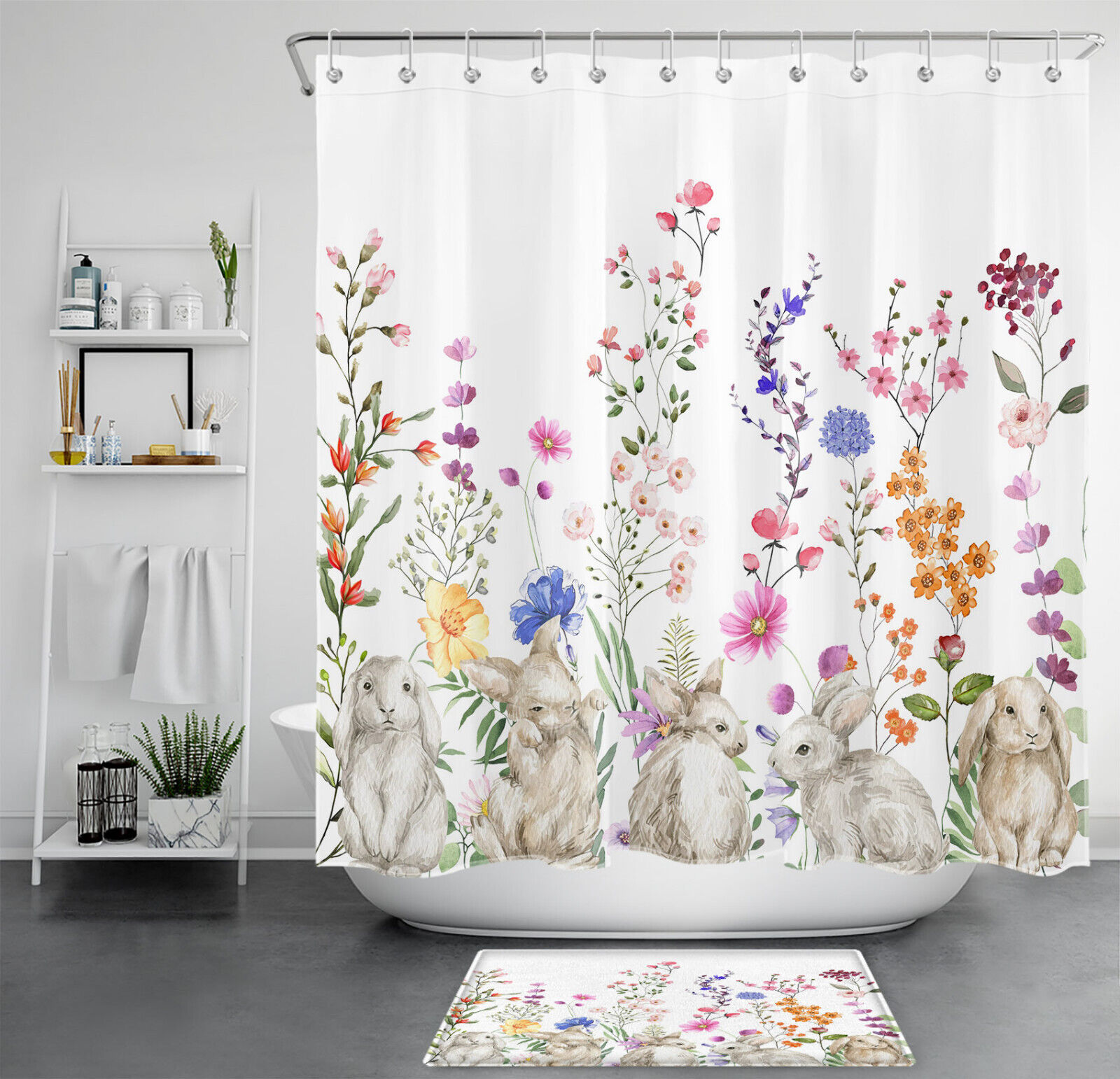 Easter Rabbit on White Flowers Shower Curtain for Spring Bathroom