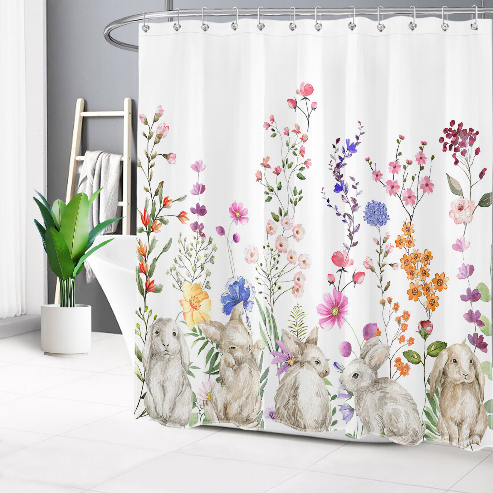 Easter Rabbit on White Flowers Shower Curtain for Spring Bathroom