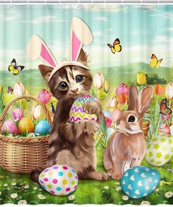Easter Rabbit with Cat and Floral Vintage Bathroom Shower Curtain for Cute Spring Theme