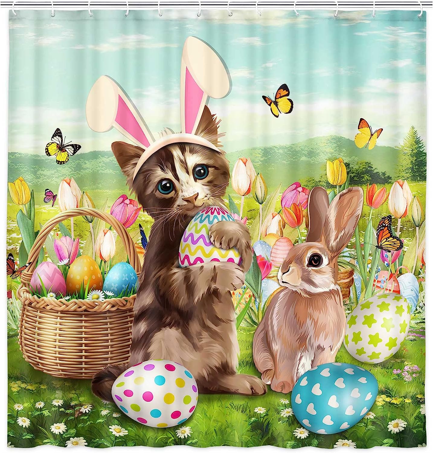 Easter Rabbit with Cat and Floral Vintage Bathroom Shower Curtain for Cute Spring Theme