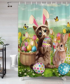 Easter Rabbit with Cat and Floral Vintage Bathroom Shower Curtain for Cute Spring Theme