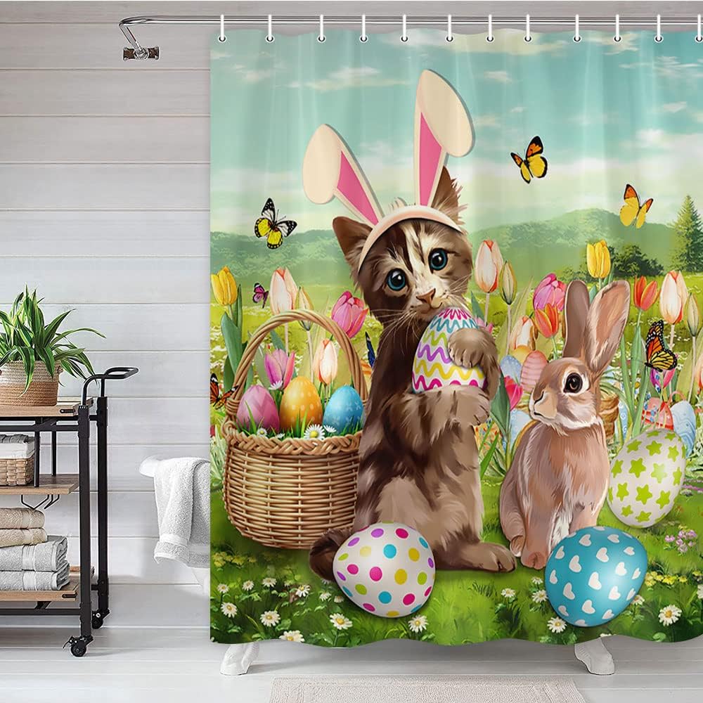 Easter Rabbit with Cat and Floral Vintage Bathroom Shower Curtain for Cute Spring Theme