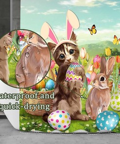 Easter Rabbit with Cat and Floral Vintage Bathroom Shower Curtain for Cute Spring Theme