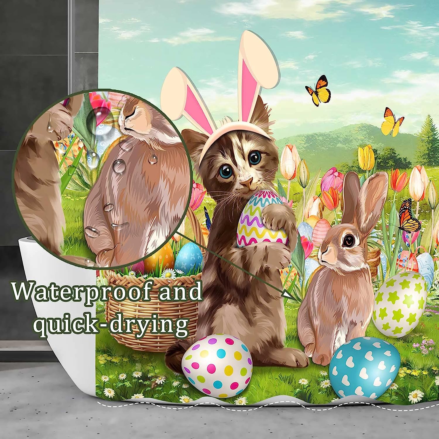 Easter Rabbit with Cat and Floral Vintage Bathroom Shower Curtain for Cute Spring Theme