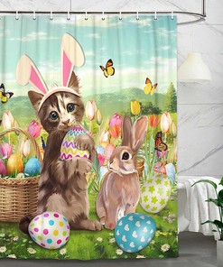 Easter Rabbit with Cat and Floral Vintage Bathroom Shower Curtain for Cute Spring Theme
